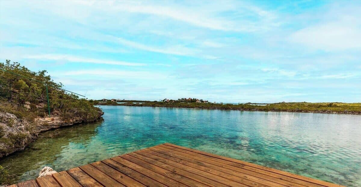 A wooden dock extending into a clear blue body of water with a distant shoreline.