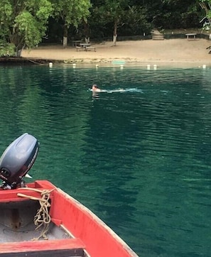 A person swimming in a clear body of water, viewed from a boat with a visible outboard motor.