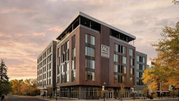 Experience the contemporary design of this urban hotel, featuring dark wood paneling and large windows.