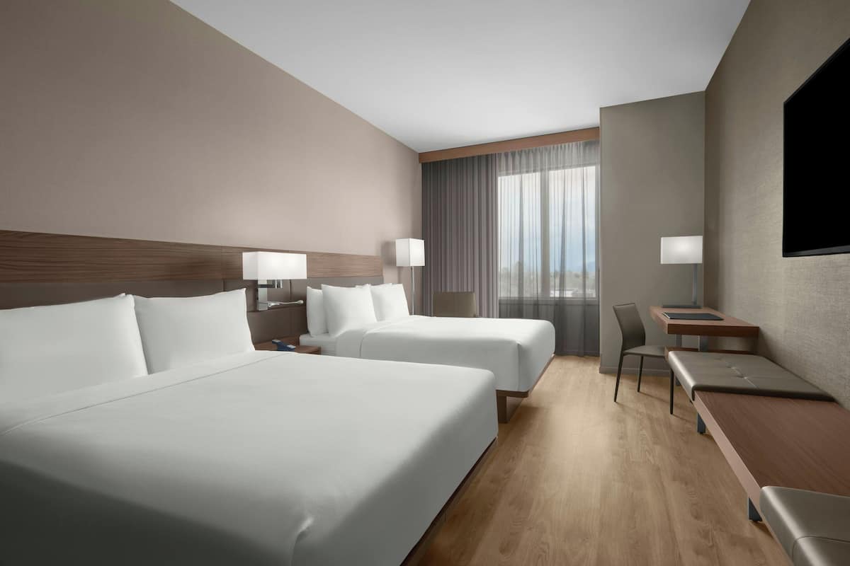 A hotel room with two beds, a desk, a chair, and a TV.