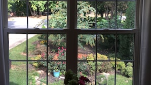 Ein Fenster mit Blick auf einen Garten und eine Straße.