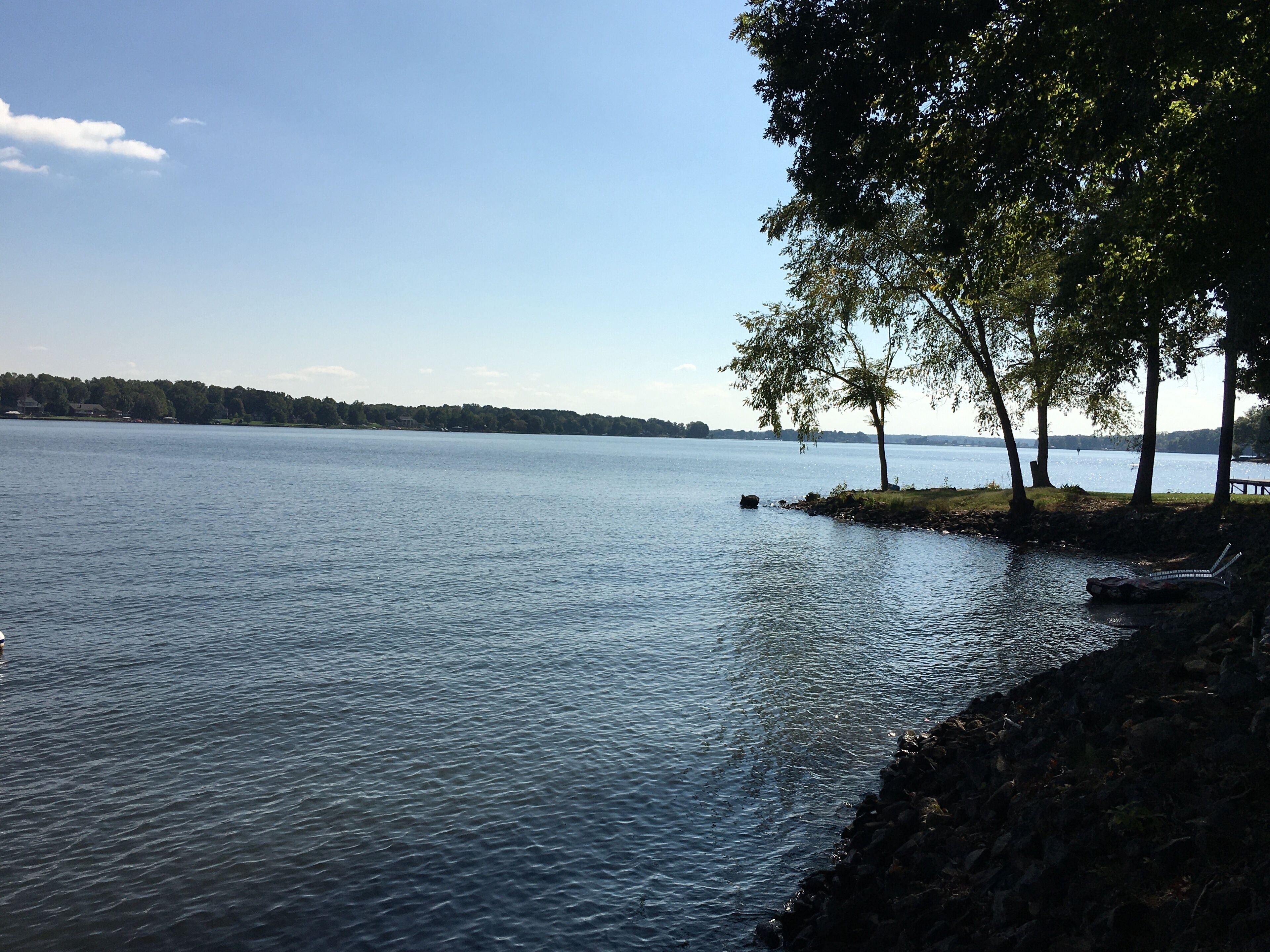 Un lac paisible, bordé d’une rive rocheuse et entouré d’arbres.