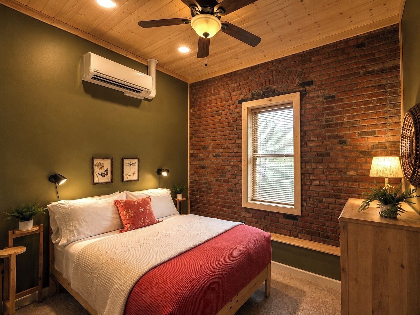 A bedroom with a brick wall, a ceiling fan, an air conditioning unit, a window with blinds, a bed with pillows, a bedside table with a lamp, and a small plant.