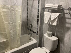 Duschwanne, Haartrockner, Handtücher, Seife