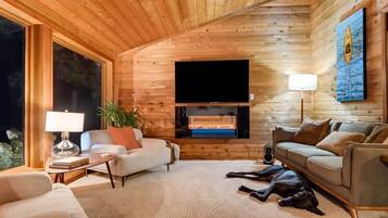 TV de tela plana, lareira, Netflix, livros