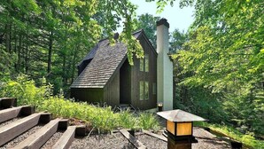 A rustic cabin with a sloped roof, surrounded by dense forest.