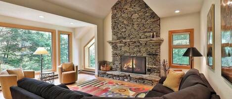 Smart TV, fireplace, books