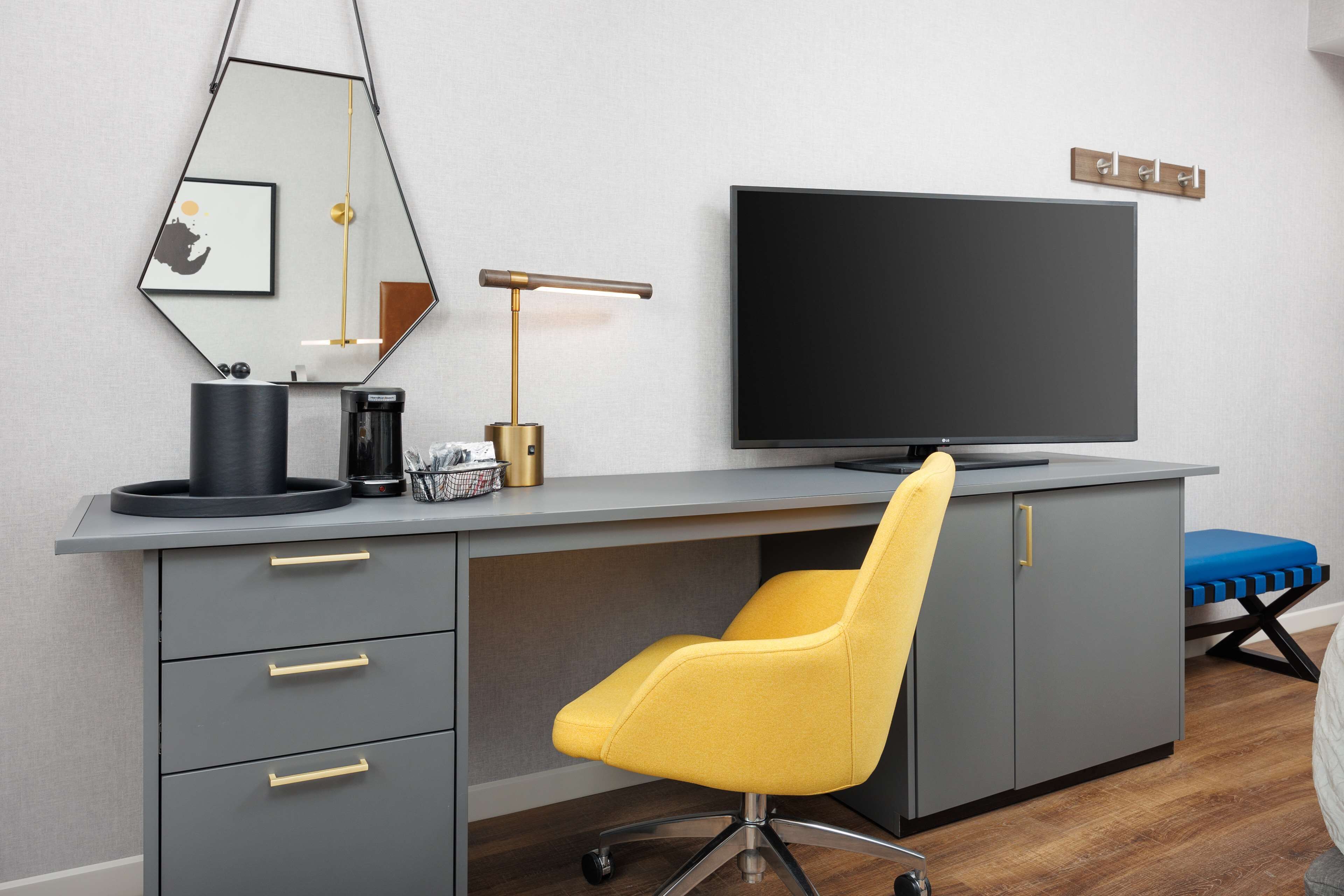 desk, laptop workspace, blackout curtains, iron/ironing board