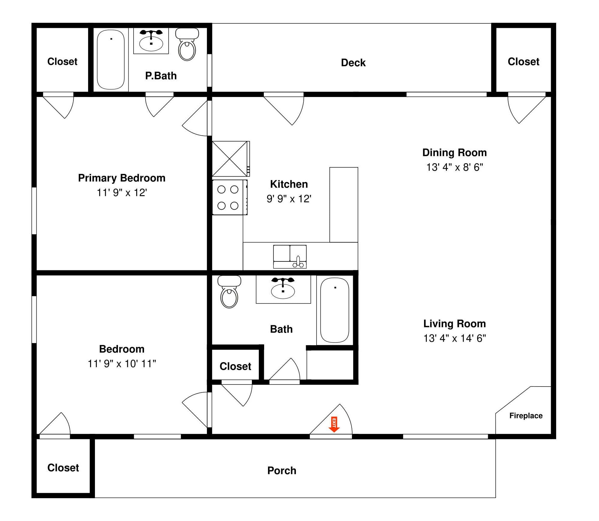 A floor plan with a primary bedroom, kitchen, dining room, living room, and a fireplace.