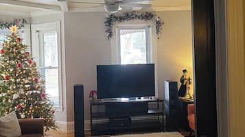Smart TV, fireplace, books, stereo