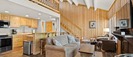 Televisio, takka, stereot, työhuone