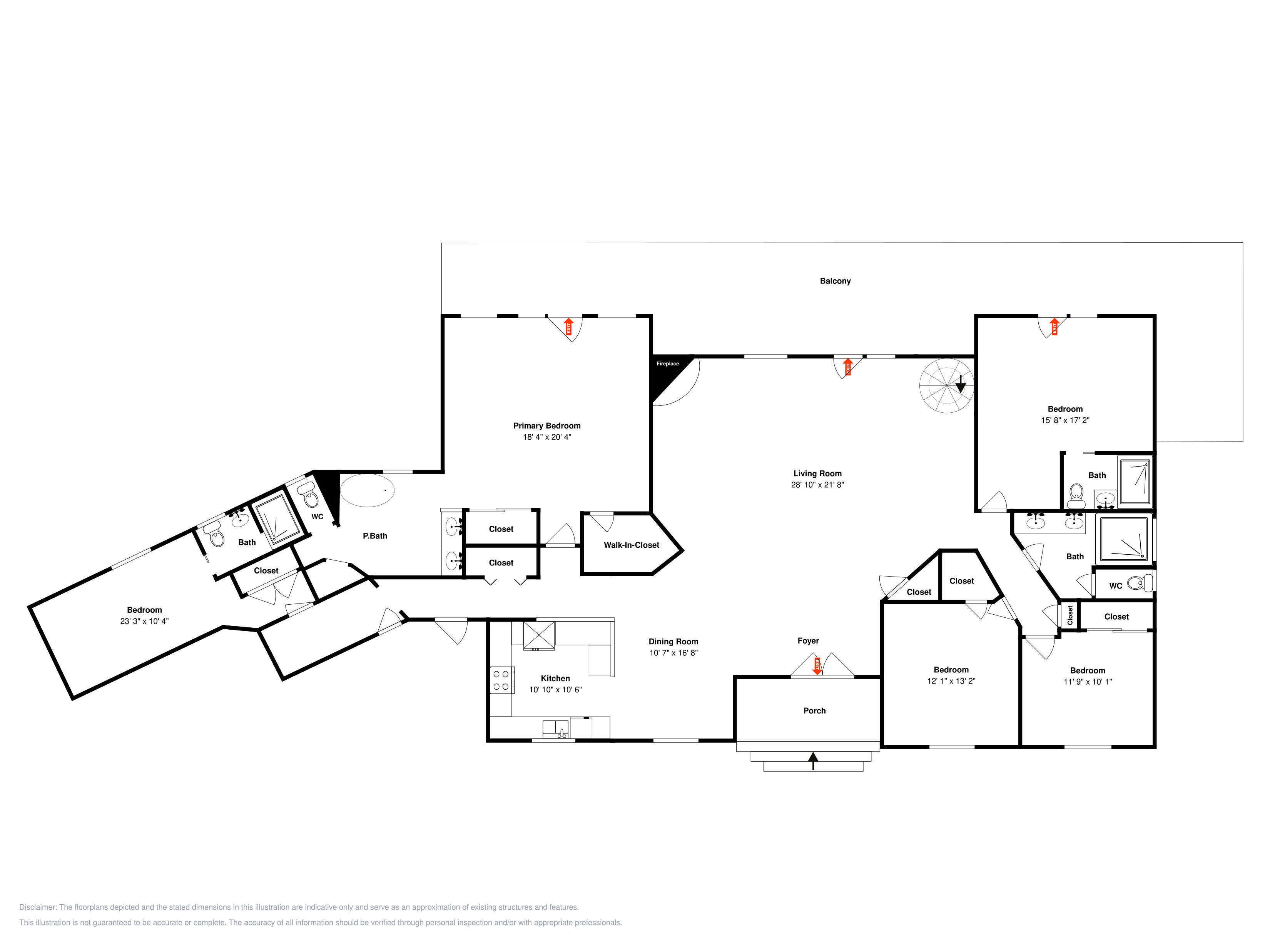 Plano de planta de un hotel que muestra un dormitorio principal, sala de estar, comedor, cocina y varios baños.