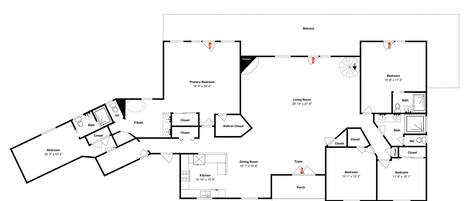 Plano de planta de un hotel que muestra un dormitorio principal, sala de estar, comedor, cocina y varios baños.