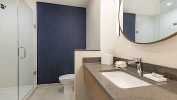Un baño moderno con cabina de ducha de vidrio, inodoro blanco y lavamanos de mármol con espejo.