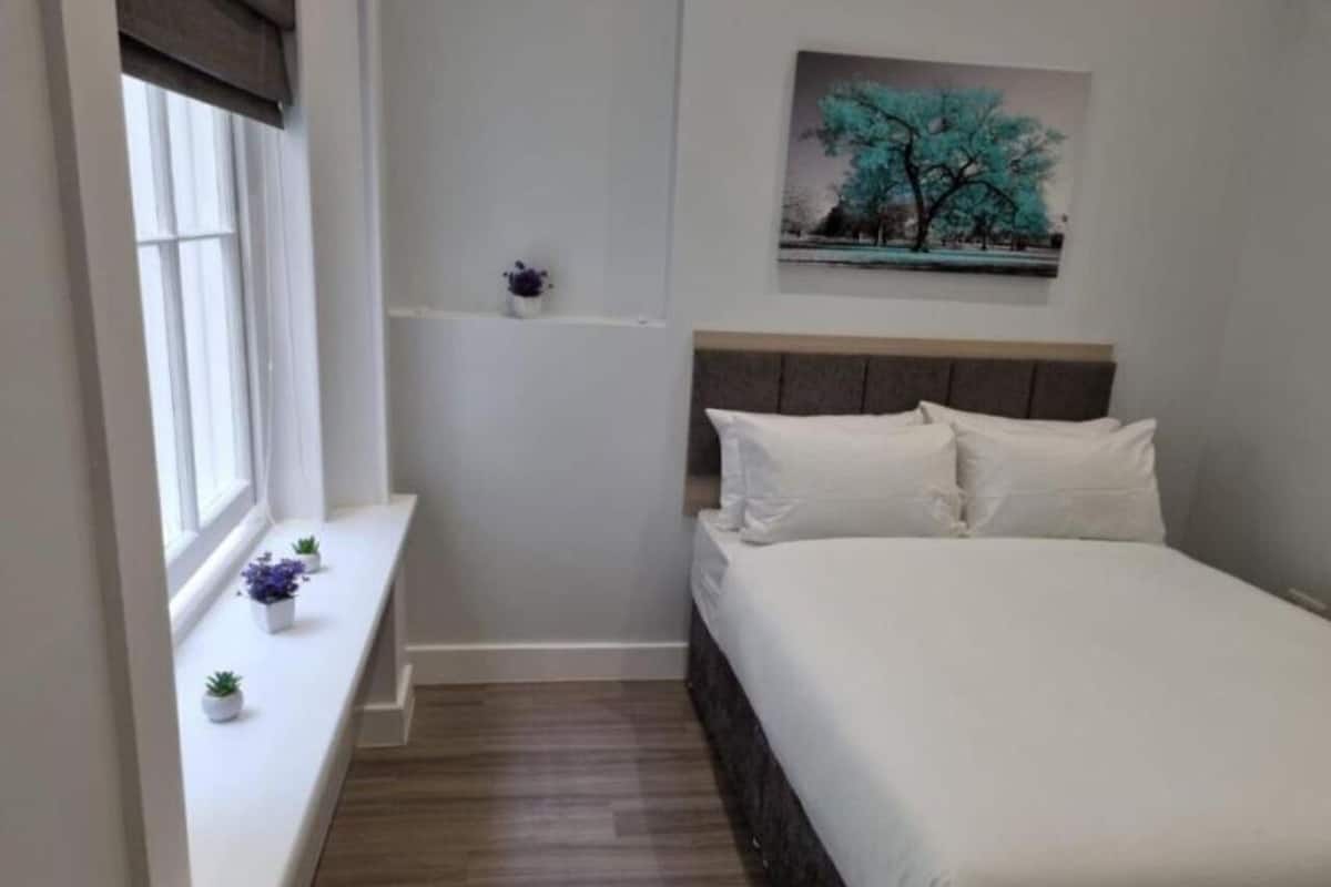 A bedroom with a bed, a window with blinds, a small shelf with potted plants, and a painting on the wall.