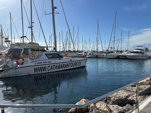 Een jachthaven met verschillende zeilboten afgemeerd.