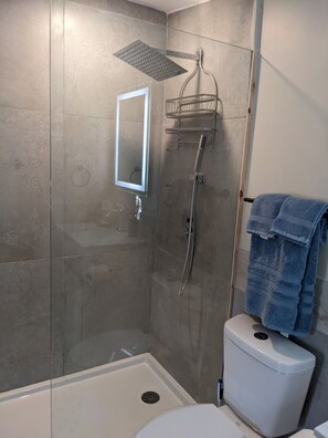 Shower, hair dryer, towels, soap