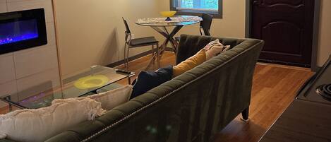 Smart TV, fireplace, books