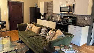 Smart TV, fireplace, books