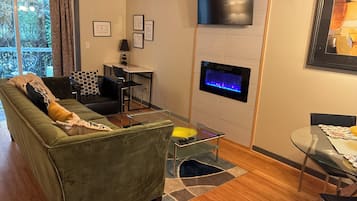 Smart TV, fireplace, books