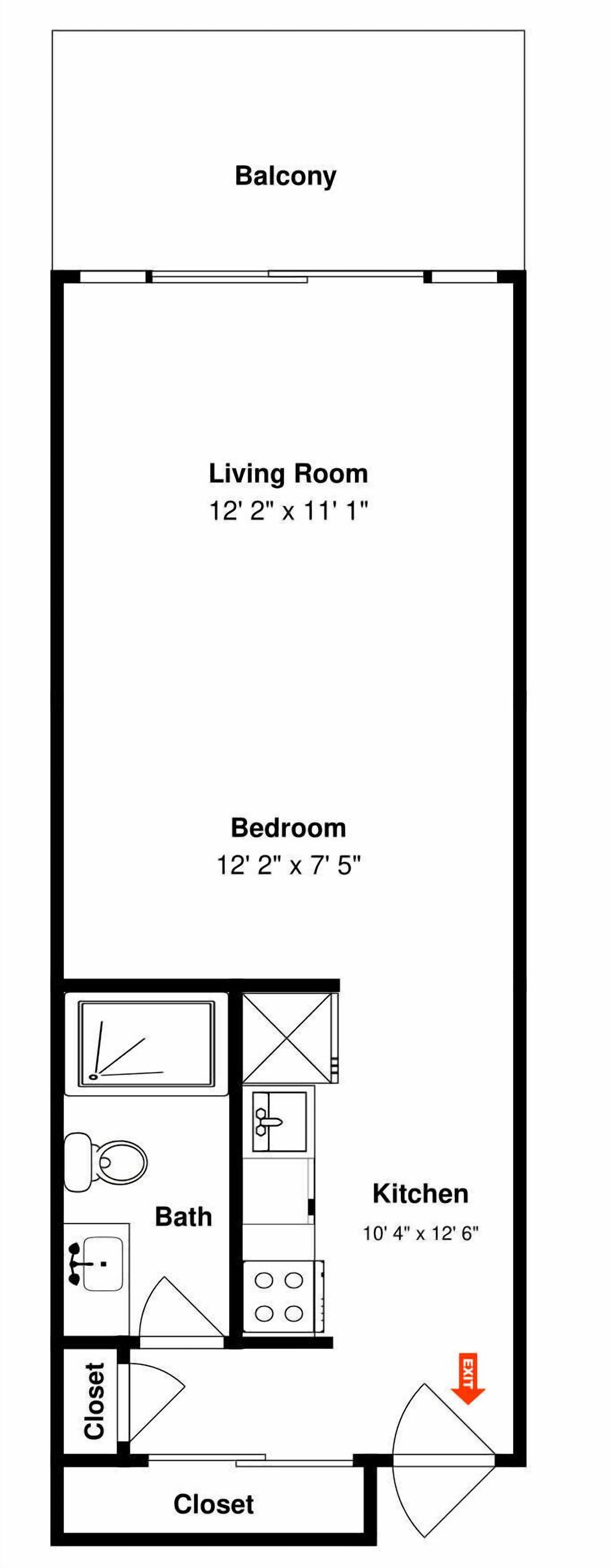 A floor plan of a house with a balcony, living room, bedroom, kitchen, bathroom, and two closets.