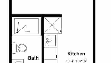 Plano de planta que muestra un balcón, sala de estar, dormitorio y dos armarios.