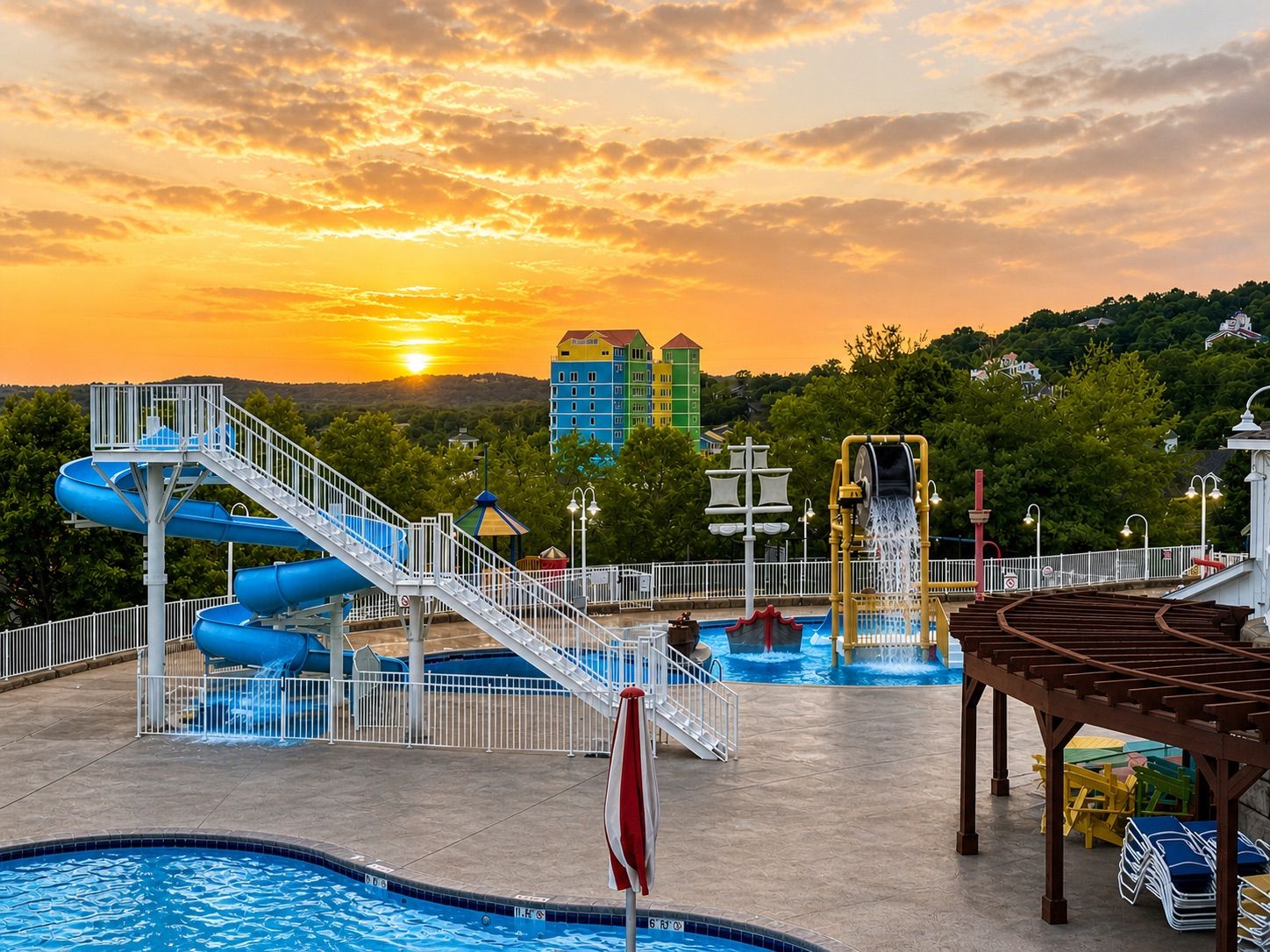 A water park with multiple slides, a pool, and a sunset in the background.