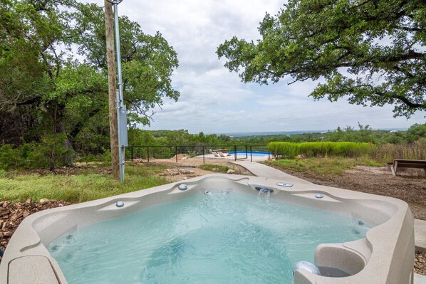 Outdoor spa tub - Private container pool with pond and hot tub with views (Spring Branch)