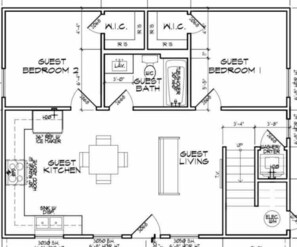 Un plan d’étage comprenant deux chambres d’hôtes, une salle de bain pour les invités, une cuisine pour les invités et un espace de vie pour les invités.