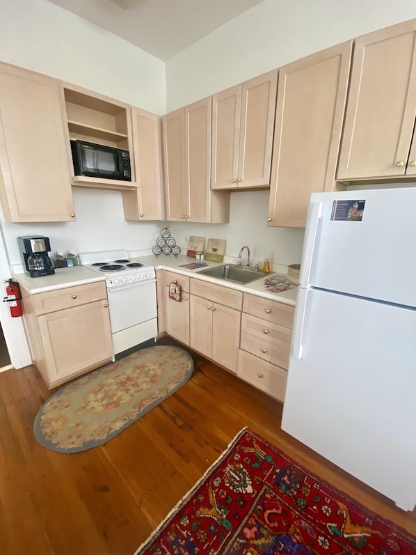 Compact kitchen with a stove, microwave, refrigerator, and sink, featuring a rug and decorative wall hanging.