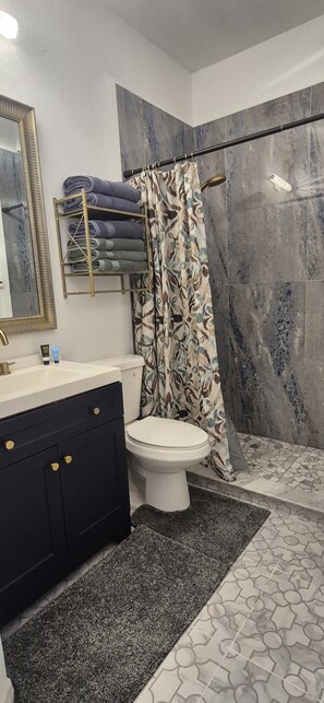 Dusche, Haartrockner, Handtücher, Toilettenpapier