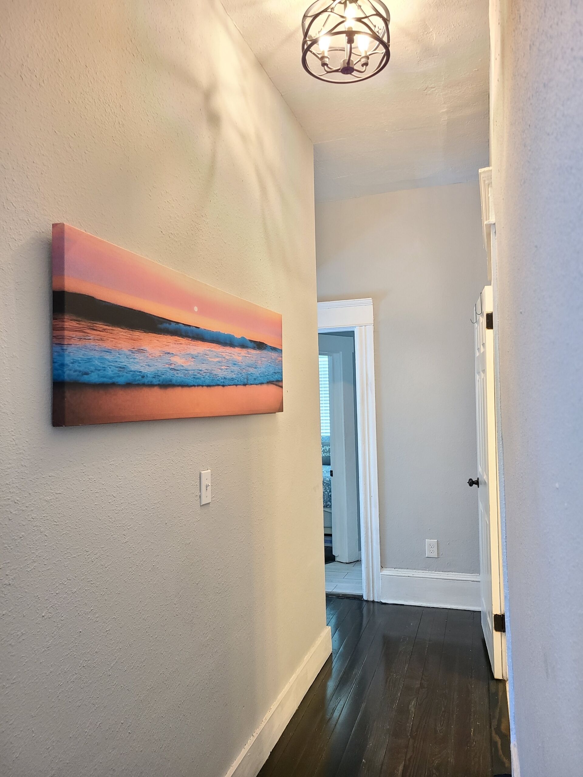 A hallway with a painting of a sunset over the ocean, a white door, and a ceiling light fixture.