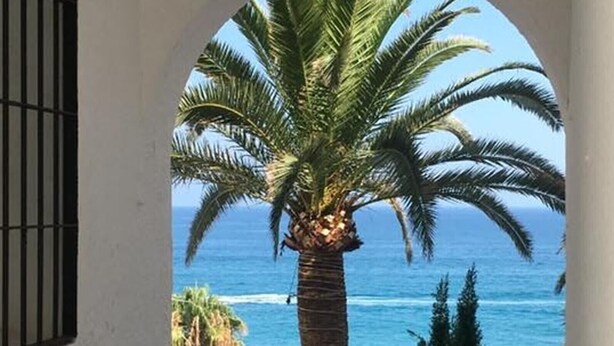 A view through an arched window with a palm tree and ocean. - Apartment Valparaiso - Burriana Beach with Sea View, Pool, Wi-Fi, A/C & Terraces (Nerja)