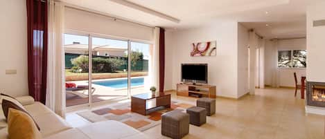 Télévision, cheminée, lecteur de DVD, table de tennis de table