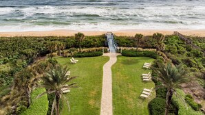 Une vue sur la plage, avec un sentier menant à un escalier, le tout bordé de palmiers et de chaises longues.
