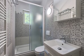 Shower, hair dryer, bidet, towels