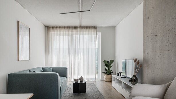 A modern living room with a grey sofa, a small black side table, and a white sofa. There is a large window with sheer curtains, a potted plant, and a flat-screen TV on a white stand. - CLOUD No7 STUDIOS (Tuebingen)