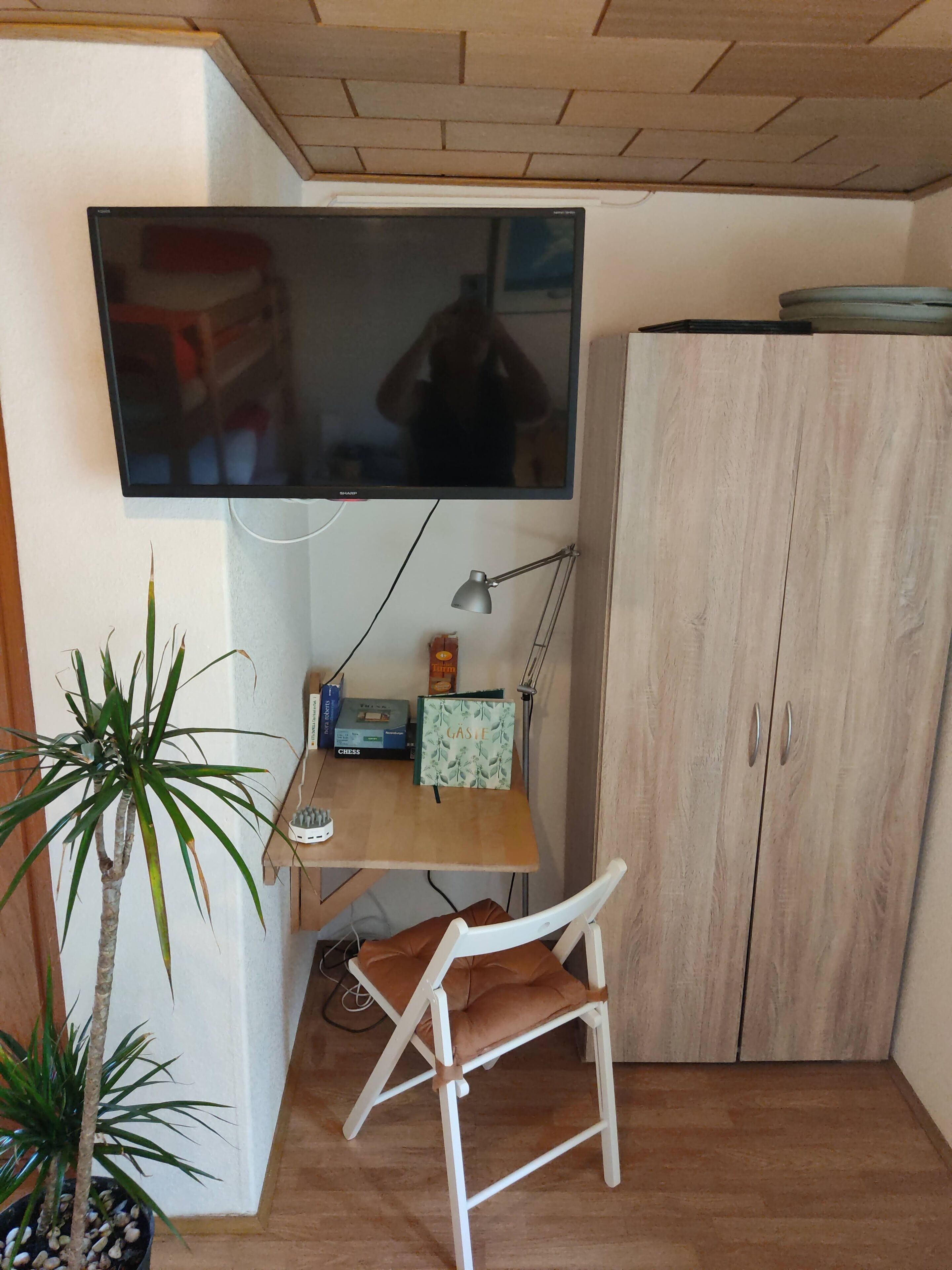A small room with a TV mounted on the wall, a desk with a lamp, a chair, a cabinet, and a potted plant.