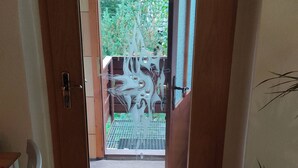Una puerta de madera con un panel de vidrio esmerilado, un portón metálico y una planta en maceta a la derecha.