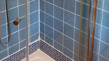 Shower, hair dryer, bathrobes, towels
