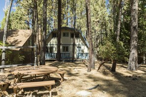 A cabin with a two-story structure, surrounded by a forested area with picnic tables.