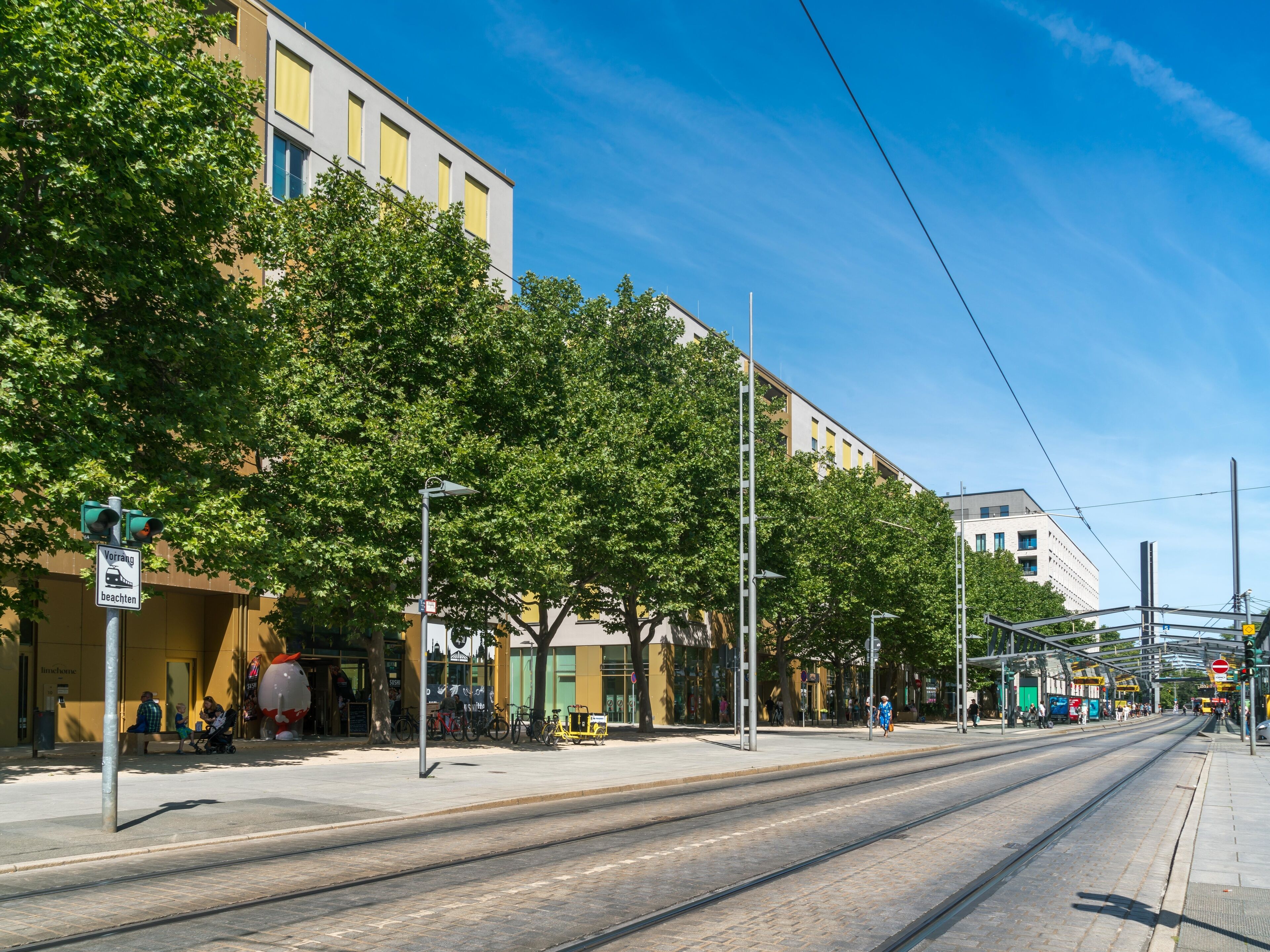 Uma rua com linhas de bonde, árvores e edifícios.