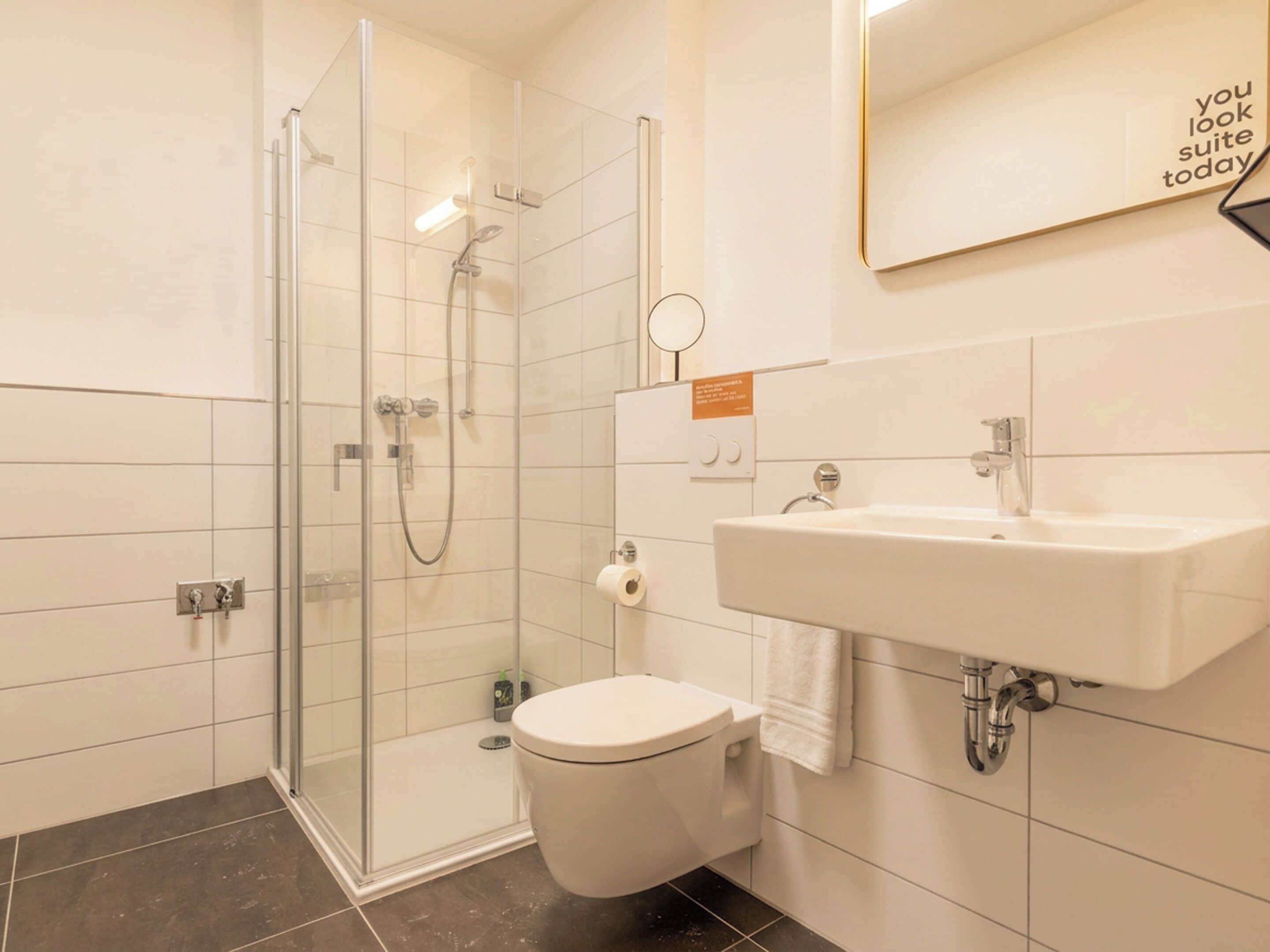A modern bathroom with a glass-enclosed shower, a white toilet, and a sink with a mirror above it.