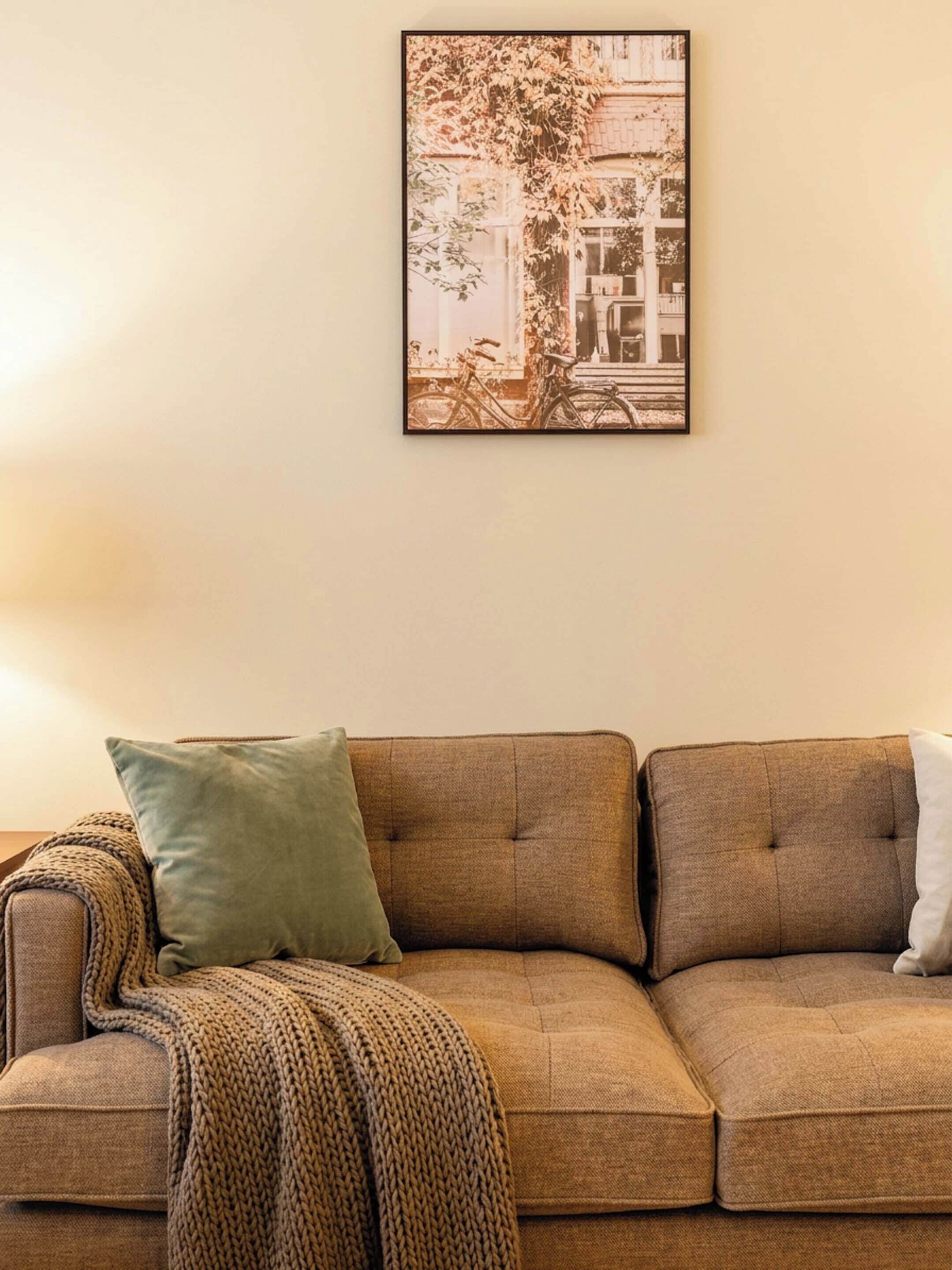 Ein Wohnzimmer mit einer Couch, zwei Kissen, einer Decke und einem gerahmten Bild an der Wand.