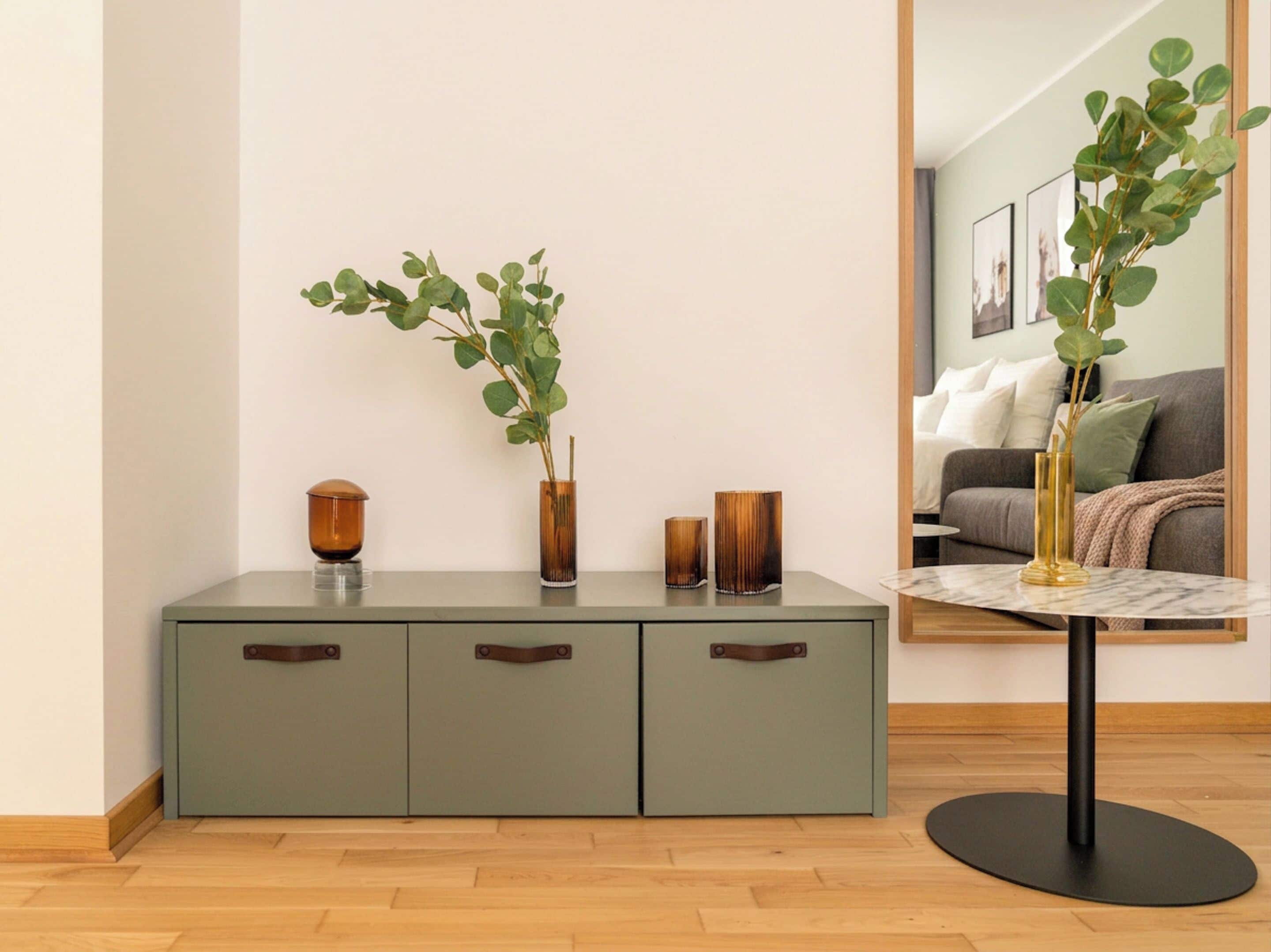 A minimalist room with a green cabinet, a round table, and a plant.