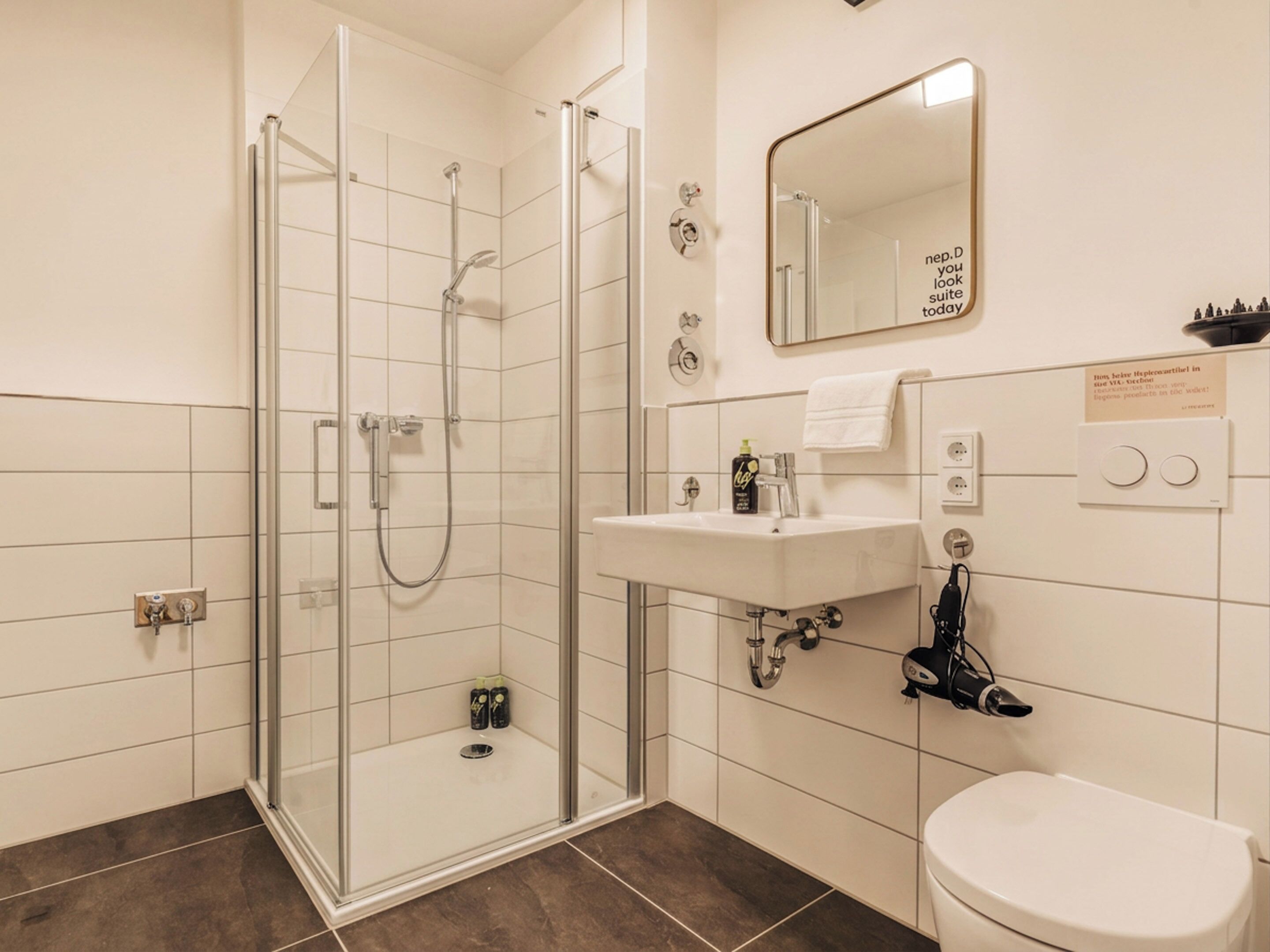 Un baño moderno con ducha envuelta en vidrio, un lavabo blanco y un inodoro.