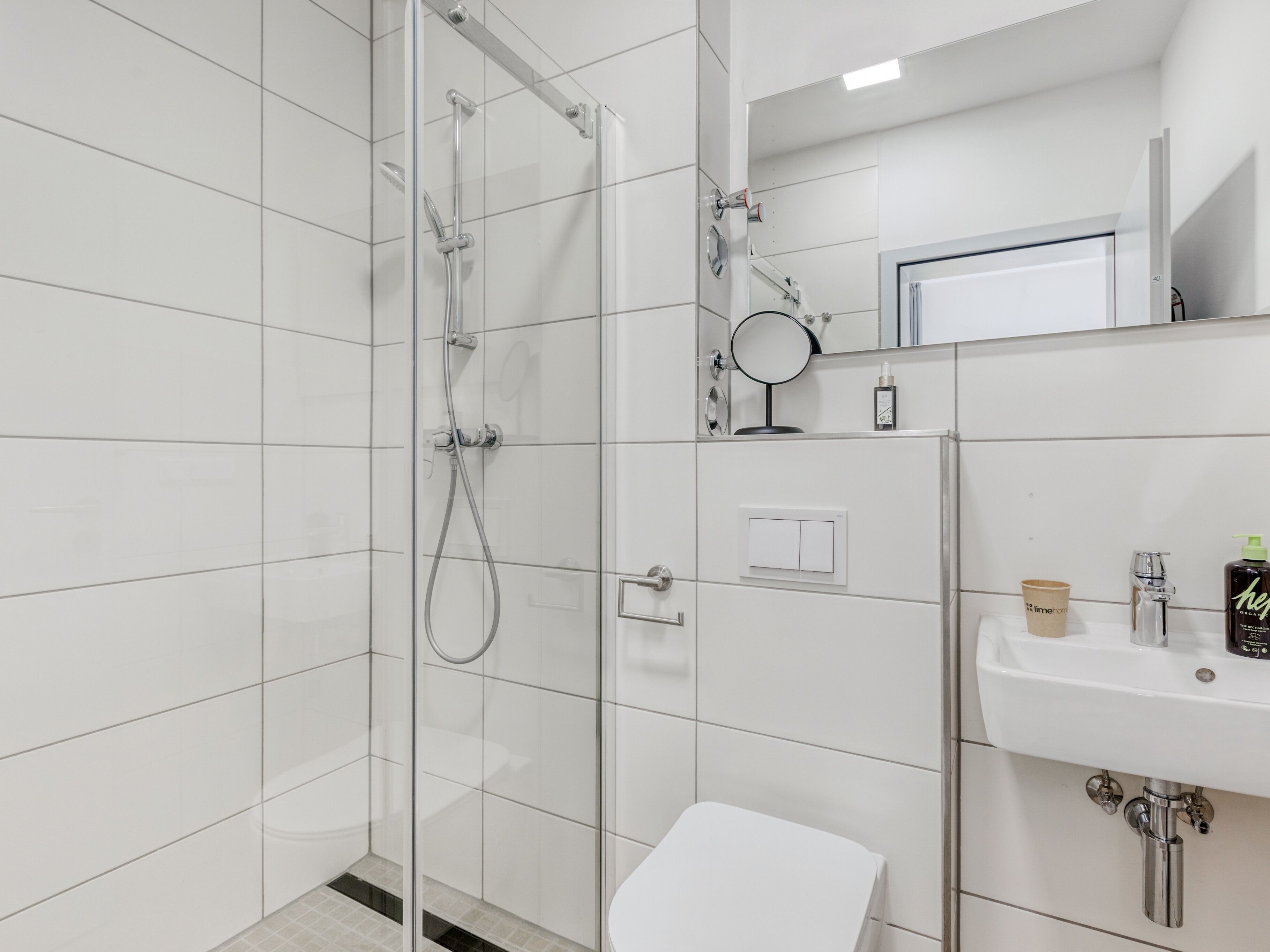 A modern bathroom with a glass-enclosed shower, a white sink, and a toilet.