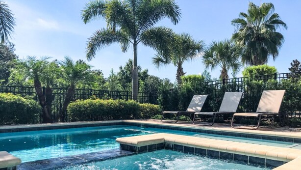 Una piscina con hidromasaje, rodeada de palmeras y sillas de descanso.