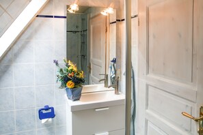 Dusche, Haartrockner, Handtücher, Toilettenpapier