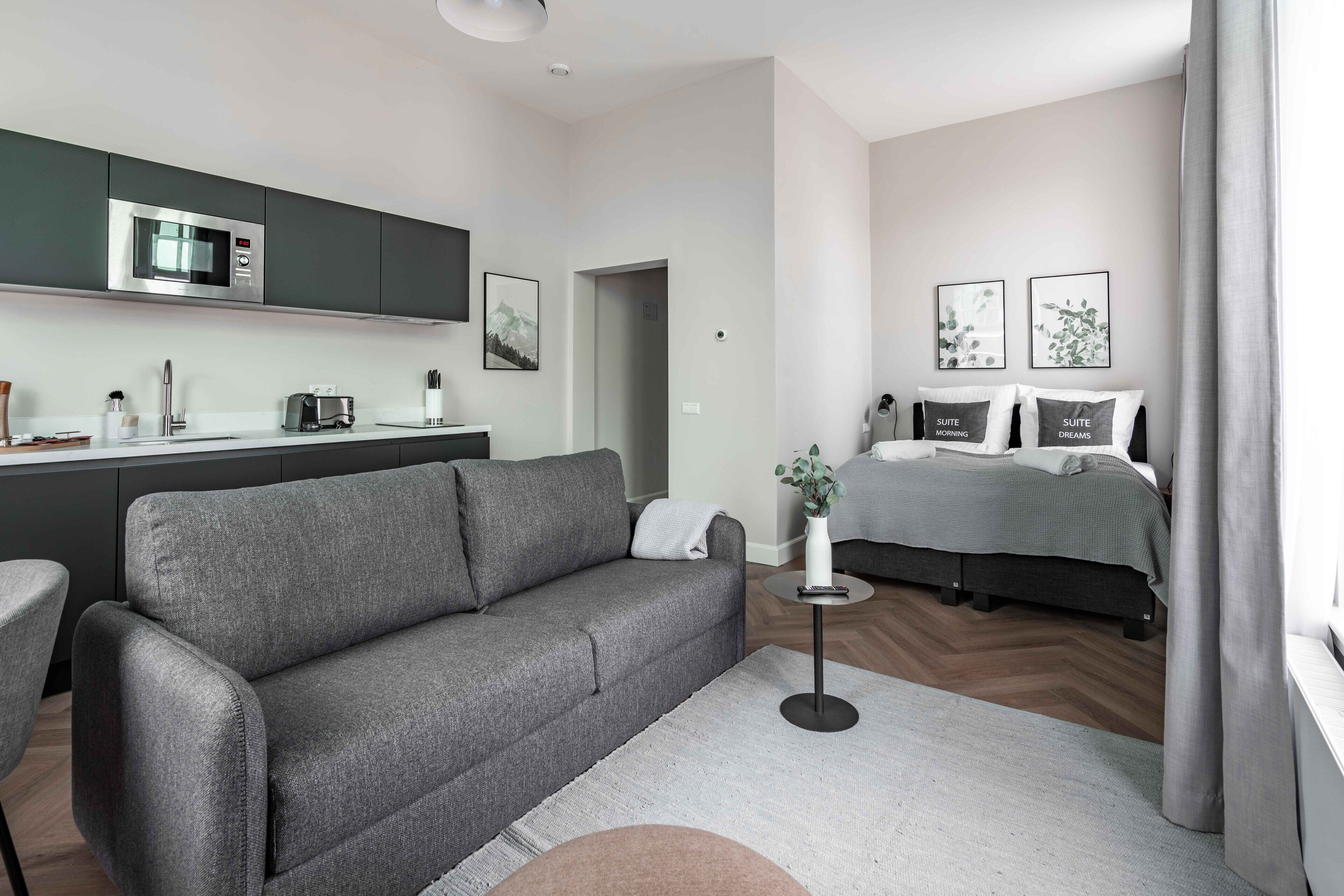 A modern, compact living space with a kitchenette, grey sofa, and a bed with matching decor.